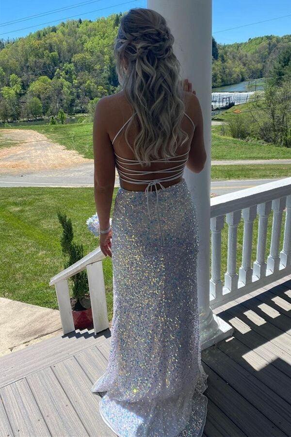 Robe de bal longue à paillettes dos nu sirène