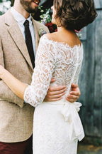 Baoleely White Sheath Off Shoulder 3/4 Sleeves Sweep Train Wedding Dresses, MW731