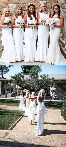 Vestidos de dama de honor de sirena blancos sin mangas largos con volantes