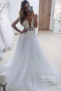 Vestidos de novia Baoleely de tul blanco, corte en A, escote en V profundo y apliques de encaje, MW946