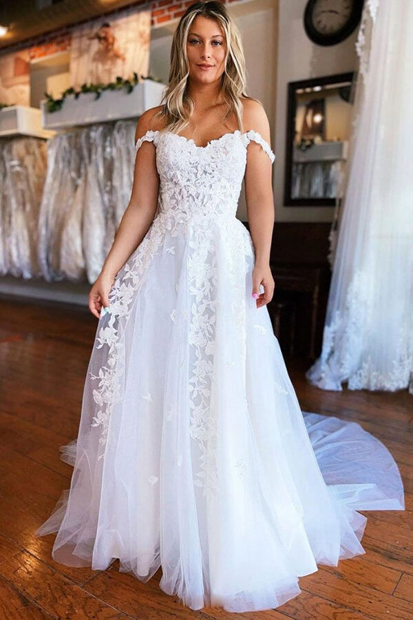Baoleely White Tulle A-line Long Wedding Dresses With Lace Appliques, Bridal Gown, MW629