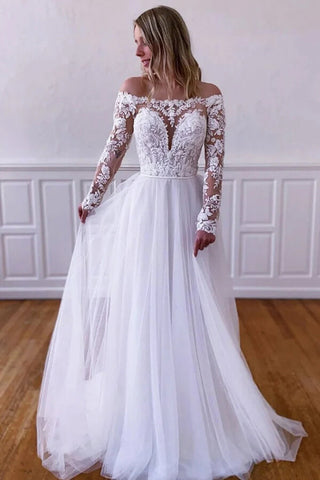 Baoleely White Tulle Lace A-line Long Sleeves Wedding Dresses, Wedding Gowns, MW816