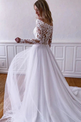 Baoleely White Tulle Lace A-line Long Sleeves Wedding Dresses, Wedding Gowns, MW816