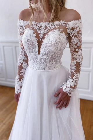 Baoleely White Tulle Lace A-line Long Sleeves Wedding Dresses, Wedding Gowns, MW816