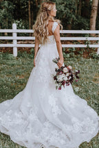 Baoleely White Tulle Lace Appliqued A-line V-neck Wedding Dresses, Bridal Gown, MW675