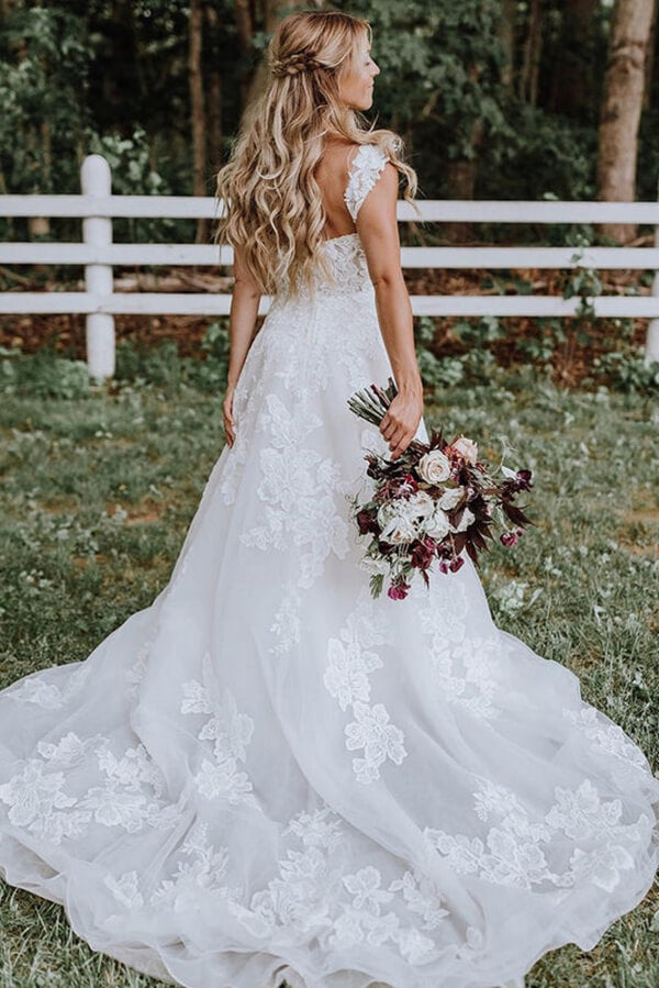 Baoleely White Tulle Lace Appliqued A-line V-neck Wedding Dresses, Bridal Gown, MW675
