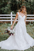 Baoleely White Tulle Lace Appliqued A-line V-neck Wedding Dresses, Bridal Gown, MW675
