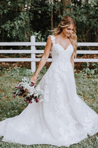 Baoleely White Tulle Lace Appliqued A-line V-neck Wedding Dresses, Bridal Gown, MW675