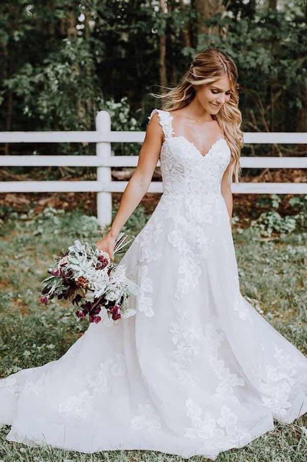 Baoleely White Tulle Lace Appliqued A-line V-neck Wedding Dresses, Bridal Gown, MW675