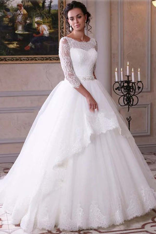 Baoleely White Tulle Lace Ball Gown 3/4 Sleeves Scoop Neck Wedding Dresses, MW693