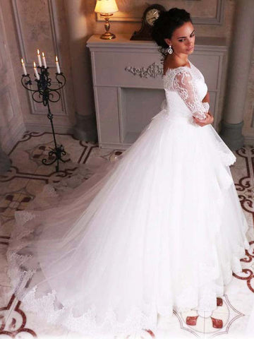 Baoleely White Tulle Lace Ball Gown 3/4 Sleeves Scoop Neck Wedding Dresses, MW693