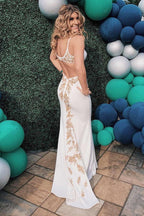 Robe de bal longue sirène dos nu à col en V et appliques