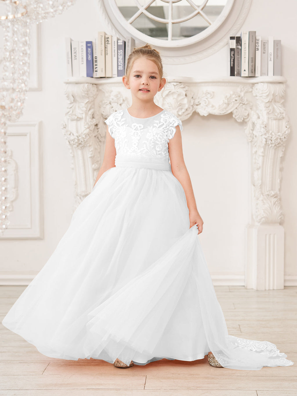 Vestido rosa de niña de las flores, corte en A, encaje, tul y cola corta 