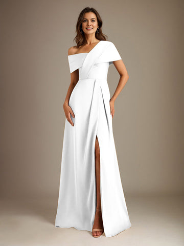 A-Line Asymmetrical Neckline Floor-Length Satin Mother of the Bride Dress With Pleated