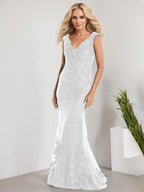 Vestido de sirena para la madre de la novia, corte sirena, escote en V, largo hasta el suelo, de gasa de encaje con apliques de lentejuelas. 