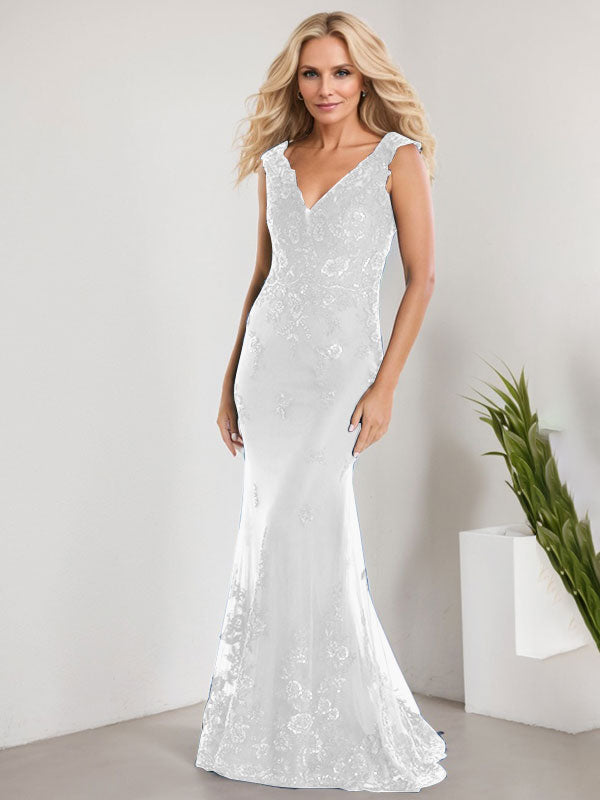 Vestido de sirena para la madre de la novia, corte sirena, escote en V, largo hasta el suelo, de gasa de encaje con apliques de lentejuelas. 