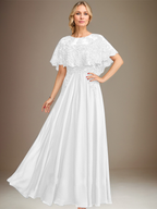 Robe de mère de la mariée en mousseline de soie dentelle, coupe trapèze, col bateau, longueur au sol, ornée d'appliqués de sequins 