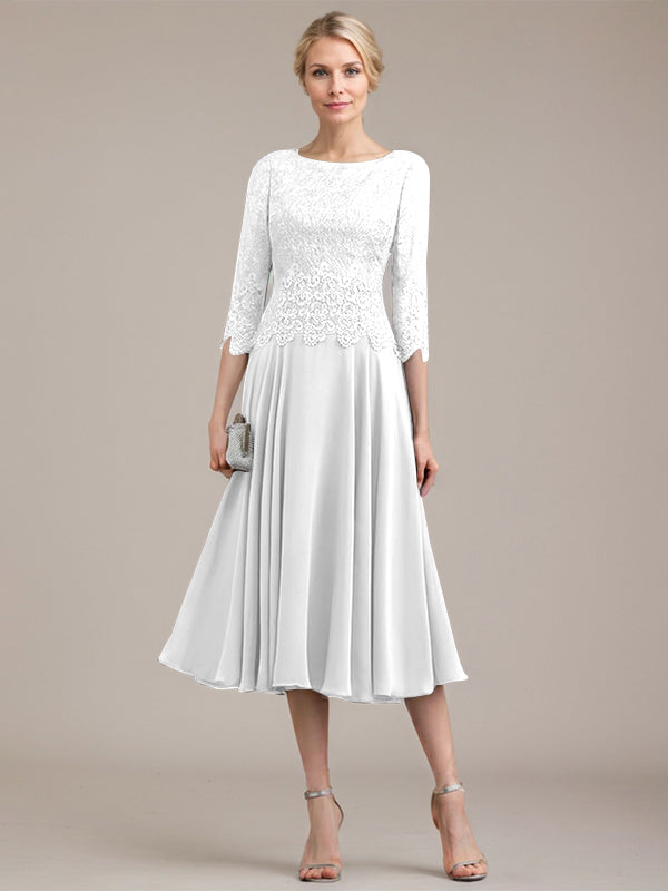 Vestido de corte A con escote redondo y largo hasta la rodilla en gasa de encaje para la madre de la novia 