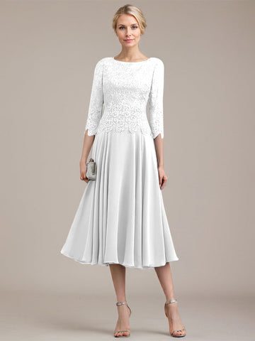 A-line Scoop Tea-Length Lace Chiffon Mother of the Bride Dress