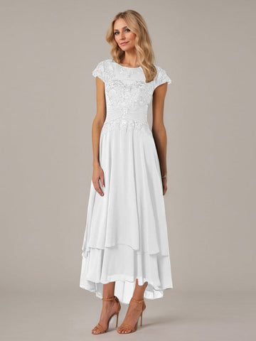 A-line Boat Neck Illusion Asymmetrical Chiffon Lace Mother of the Bride Dress With Applique Pleats