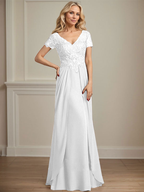 Robe de mère de la mariée en mousseline de soie et dentelle, coupe trapèze, col en V, longueur au sol