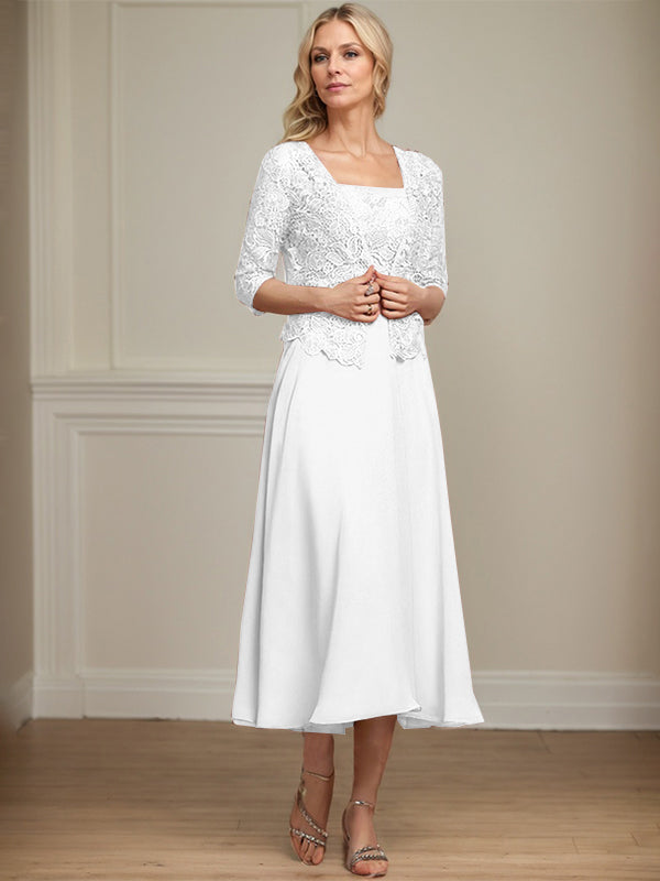 Vestido de corte A, largo midi, de gasa, encaje y lentejuelas para la madre de la novia. 