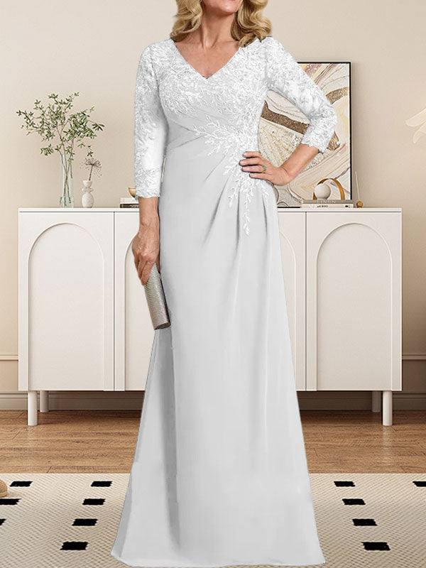 Vestido de novia de corte recto/columna, escote en V ilusión, largo hasta el suelo, de gasa de encaje con lentejuelas plisadas. 