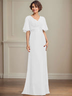Vestido de corte A, escote en V, largo hasta el suelo, de gasa, para la madre de la novia, con apliques de lentejuelas plisadas y encaje.