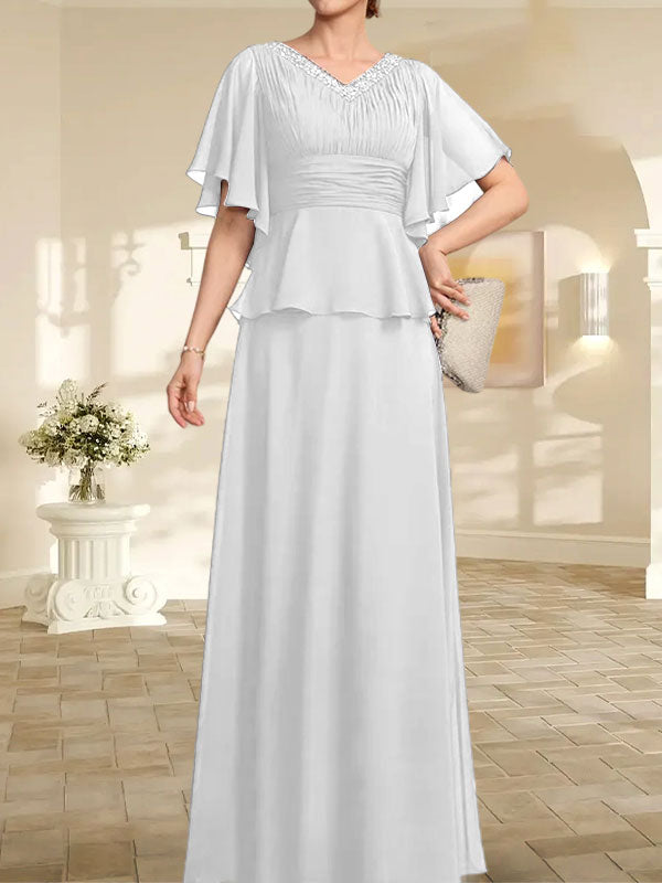 Vestido de gasa de corte A, escote en V, largo hasta el suelo, para la madre de la novia, con plisados ​​y cuentas.