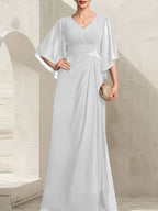 Vestido de corte recto/columna, escote en V, largo hasta el suelo, de gasa, para la madre de la novia, con lentejuelas plisadas y pedrería.