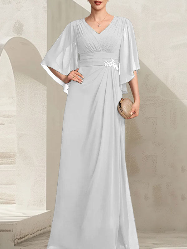 Vestido de corte recto/columna, escote en V, largo hasta el suelo, de gasa, para la madre de la novia, con lentejuelas plisadas y pedrería.