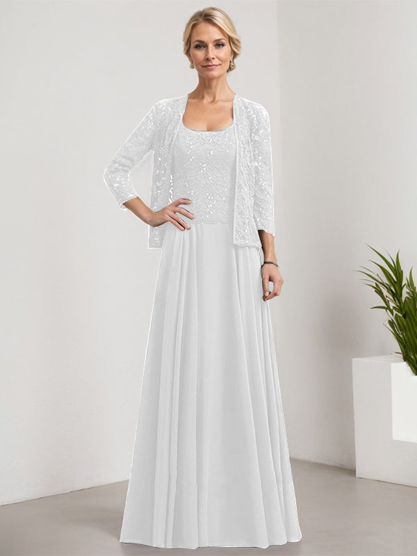 Vestido de corte A, cuadrado, largo hasta el suelo, de encaje y gasa con lentejuelas para la madre de la novia 