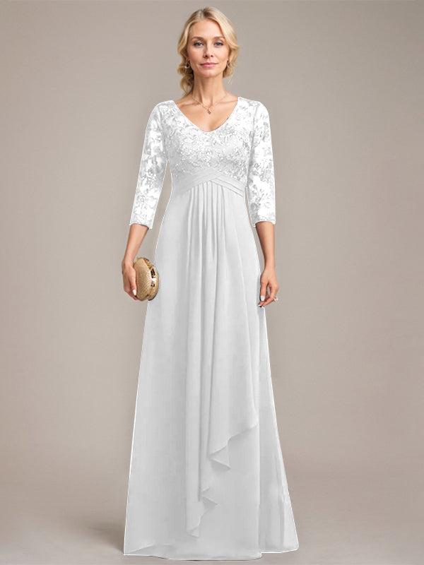Vestido de novia de corte línea A, escote en V, largo hasta el suelo, de gasa de encaje con volantes en cascada y lentejuelas. 