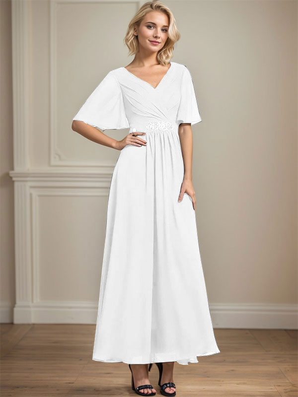 Robe de mère de la mariée en mousseline de soie, coupe trapèze, col en V, longueur cheville, ornée de sequins et de perles plissées