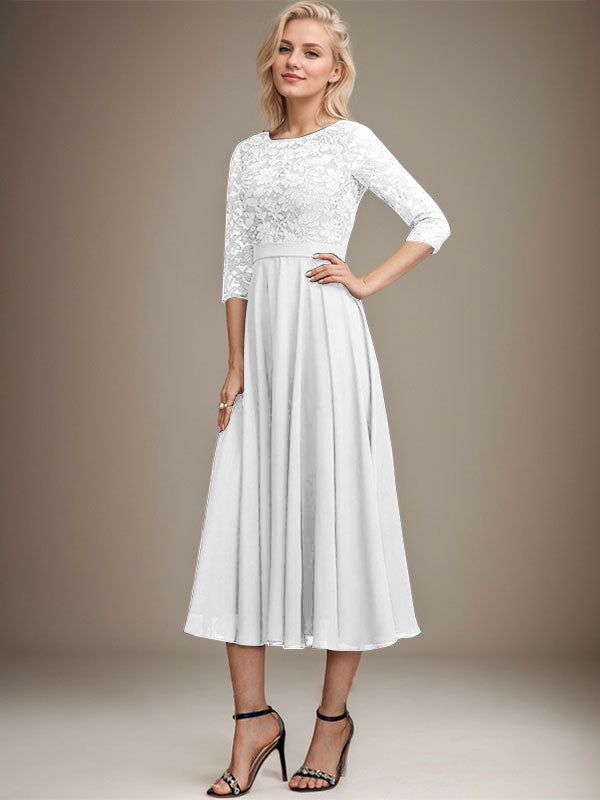 Robe de mère de la mariée en mousseline de soie, coupe trapèze, longueur thé, ornée de sequins