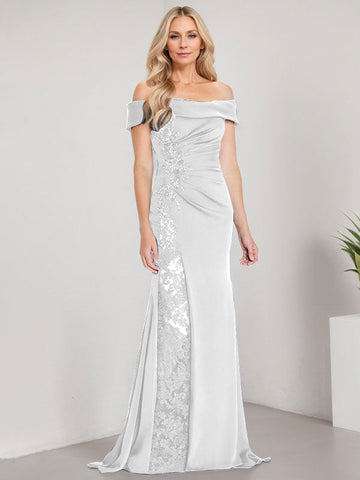 A-Line Off the Shoulder Floor-Length Mother of the Bride Dress Applique Beadings Mermaid Dress With  High Split