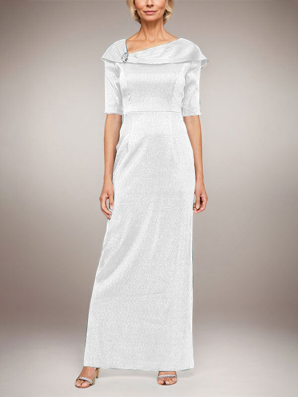 Vestido largo columna brillante con puño doblado, escote en L y mangas al codo