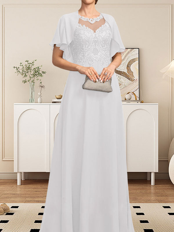 Robe de mère de la mariée en mousseline de dentelle, coupe trapèze, décolleté illusion, longueur au sol, ornée de sequins