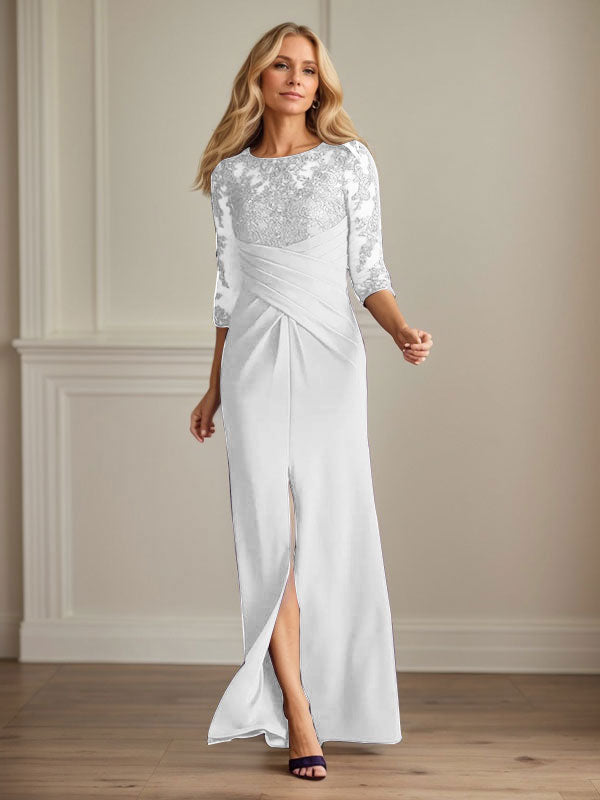 Vestido de madrina de la novia color ciruela, de encaje elástico y corte sirena. 