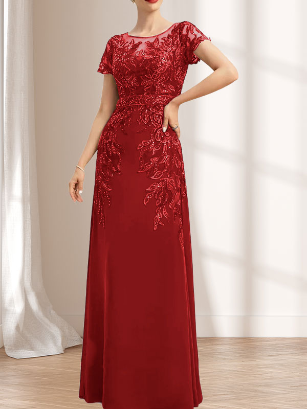 Vestido de novia de corte recto/columna, escote redondo, ilusión, largo hasta el suelo, de encaje y gasa con lentejuelas.