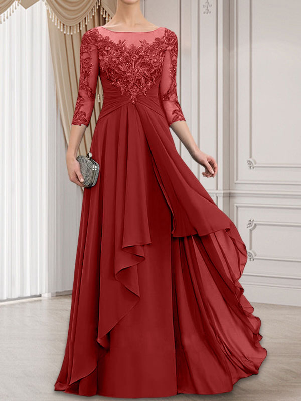 Robe de mariée en mousseline de dentelle, coupe trapèze, décolleté illusion, longueur au sol, avec volants cascade, idéale pour la mère de la mariée.