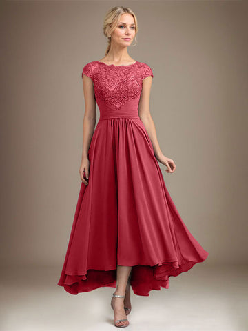 A-line Scoop Illusion Asymmetrical Lace Chiffon Mother of the Bride Dress With Pleated