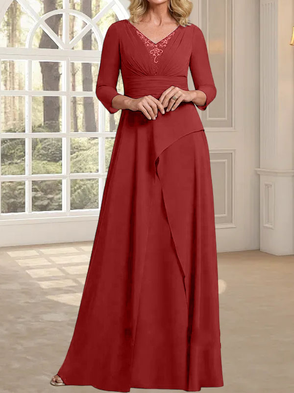 Vestido de gasa de corte A, escote en V, largo hasta el suelo, para la madre de la novia, con plisados ​​y cuentas.