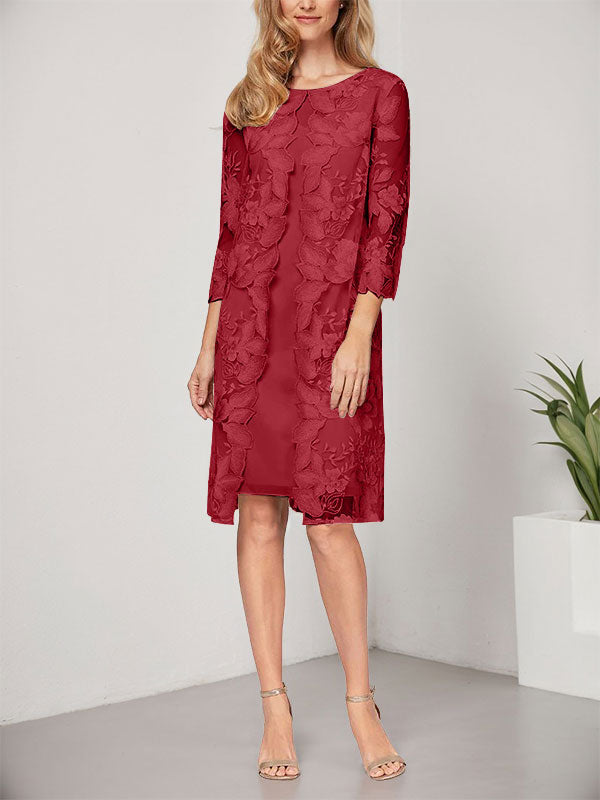 Vestido de corte A, escote redondo, largo hasta la rodilla, de gasa y encaje, para la madre de la novia, con chaqueta. 