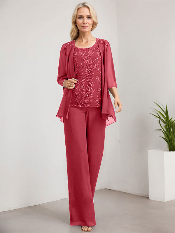 Vestido de novia de gasa con encaje y lentejuelas, estilo mono/pantalón, largo hasta el suelo, con escote redondo.