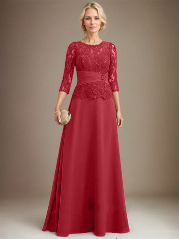 A-line Scoop Illusion Floor-Length Chiffon Lace Mother of the Bride Dress With Pleated Sequins Beading