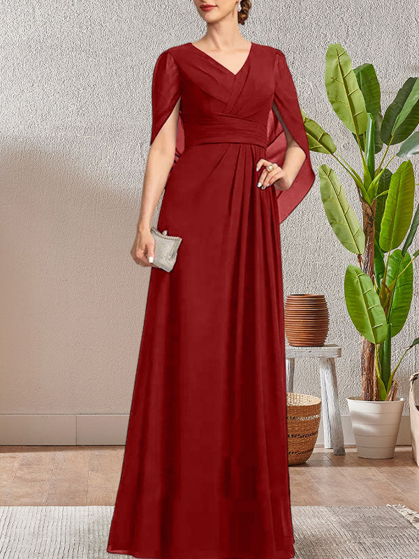 Vestido largo azul marino oscuro de corte A con escote en V para la madre de la novia