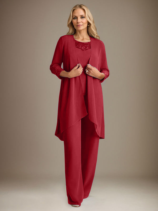 Traje pantalón de gasa con escote redondo y mangas largas para la madre de la novia, con chaqueta. 