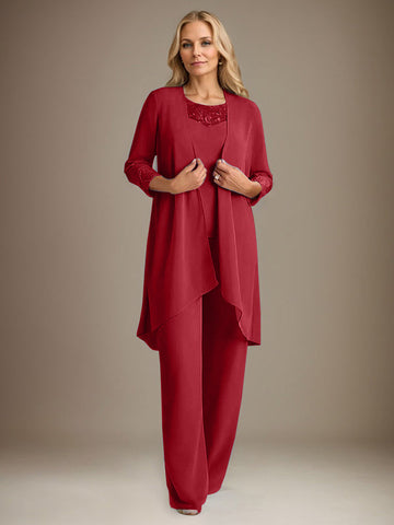 Chiffon Scoop Long Sleeves Mother Of The Bride Pantsuits With Jacket