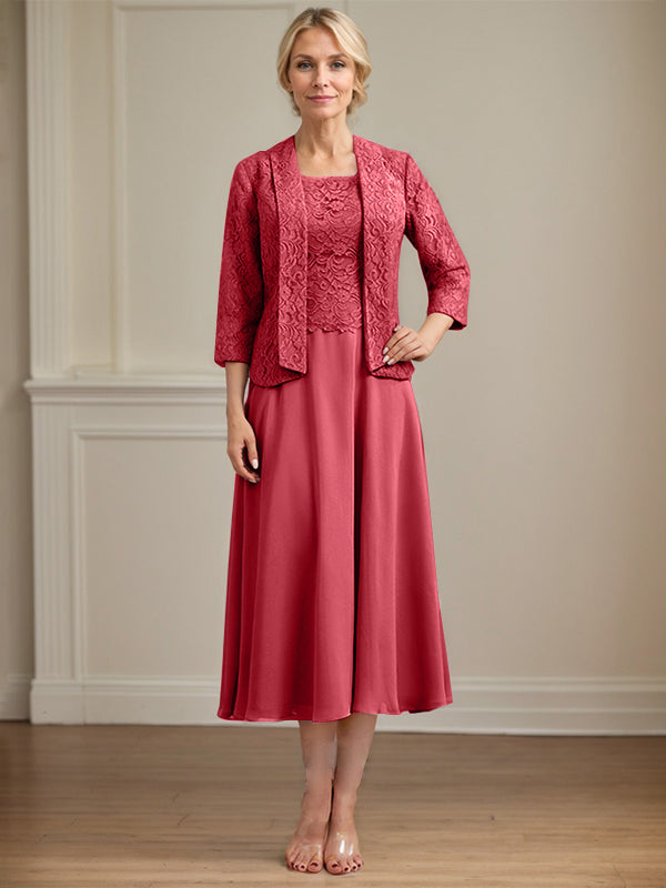 Vestido de corte A con escote redondo y largo hasta la rodilla en gasa de encaje para la madre de la novia 